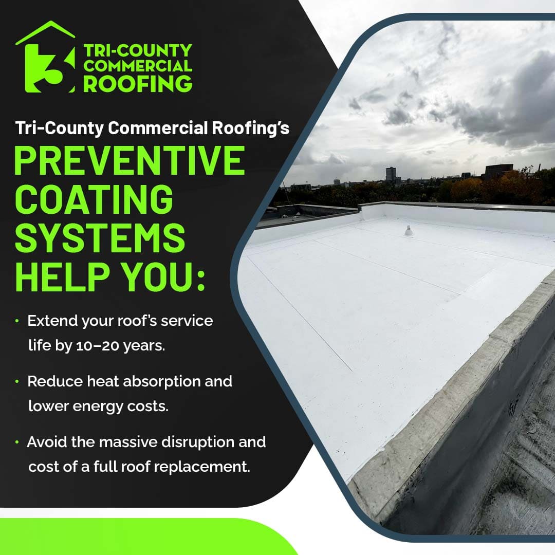 White flat commercial roof with protective coating system to improve energy efficiency and extend roof lifespan