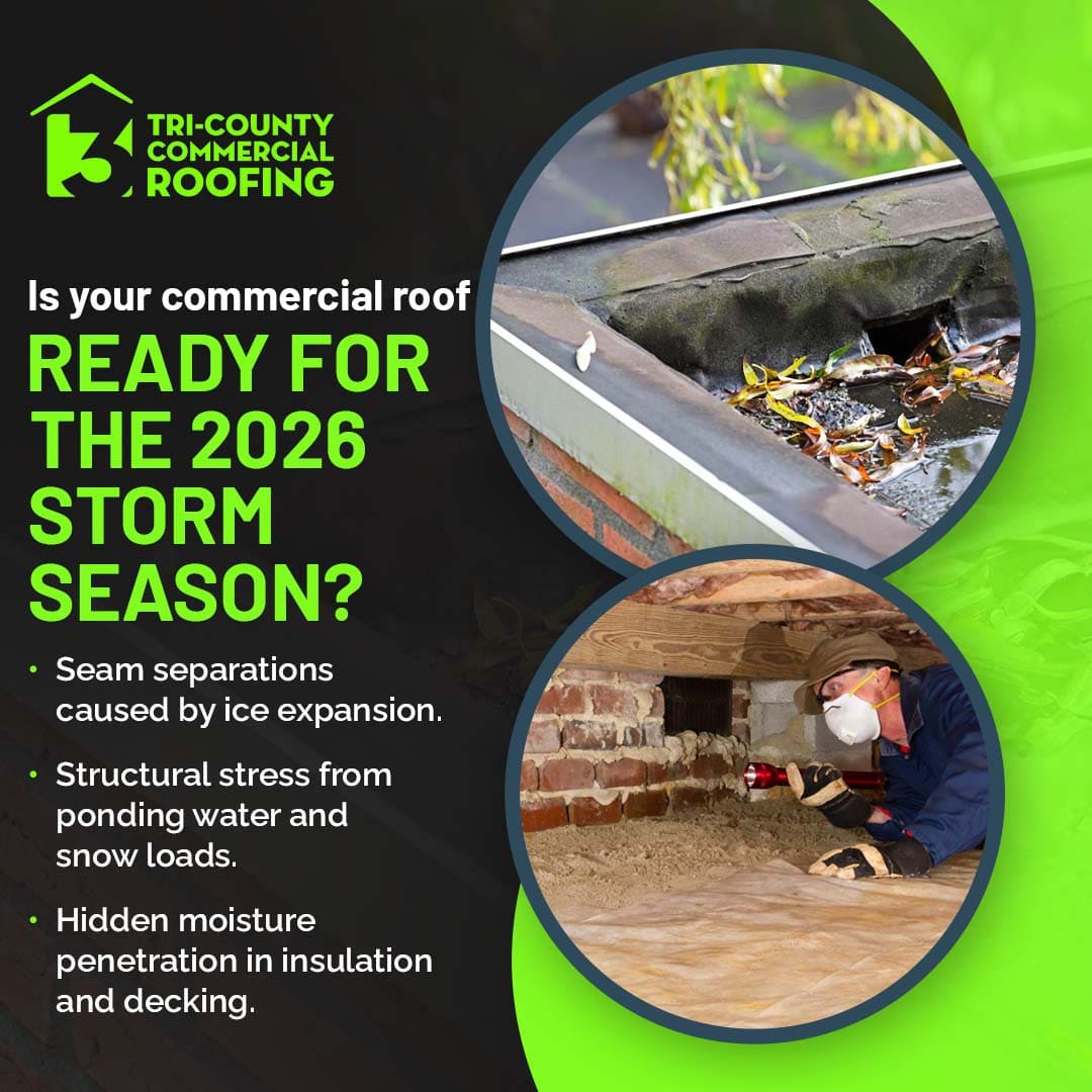 Clogged commercial roof gutter with debris and technician inspecting crawlspace for water damage and moisture issues