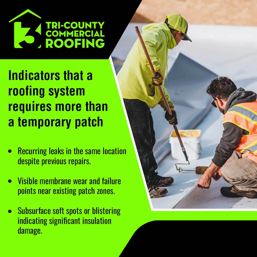 Close-up of two roofers applying a coating to a white roof membrane. Bullet points list indicators for restoration, including recurring leaks, visible membrane wear, and subsurface soft spots.