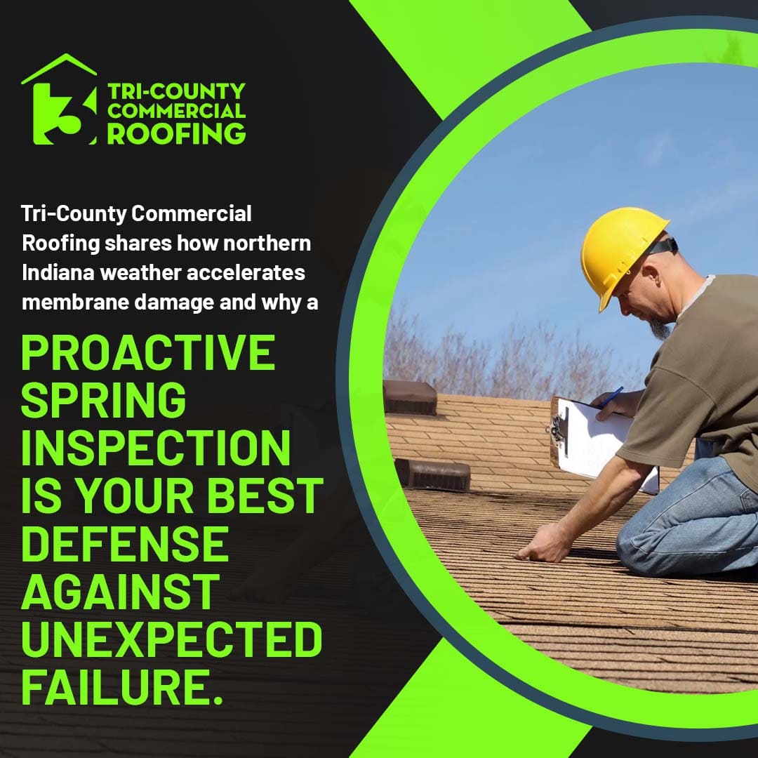 Commercial roofing contractor performing spring roof inspection on asphalt shingles to prevent storm damage