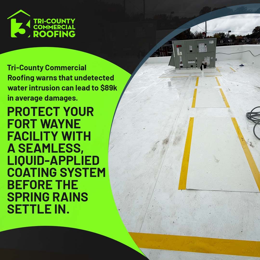 Seamless liquid-applied coating system on commercial flat roof protecting HVAC units from water intrusion