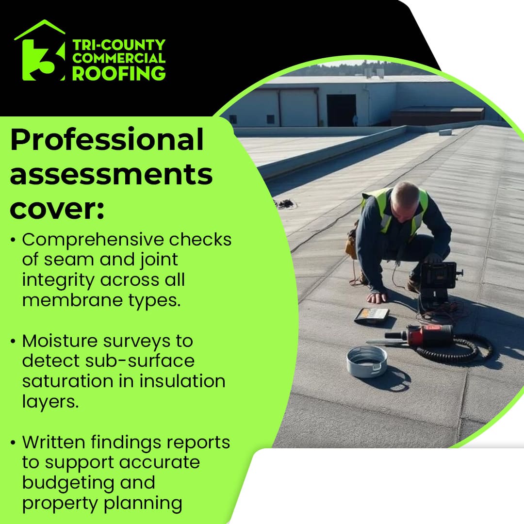 A commercial roofing inspector performing a professional roof assessment, including a moisture survey and seam integrity check on a flat roof.