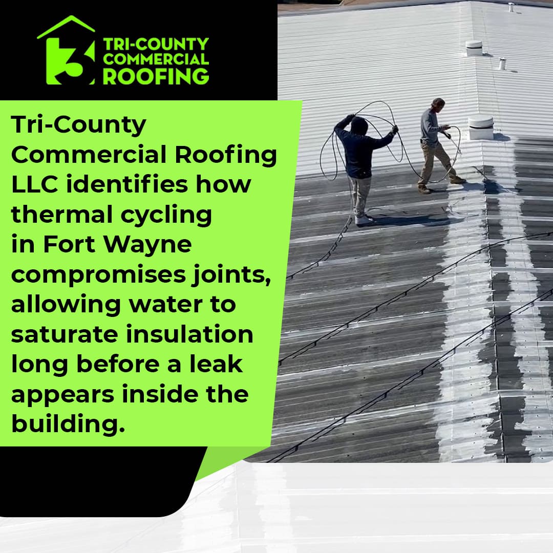 Two commercial roofers repairing seams on a metal roof in Fort Wayne, addressing joint damage caused by thermal cycling to prevent water intrusion.
