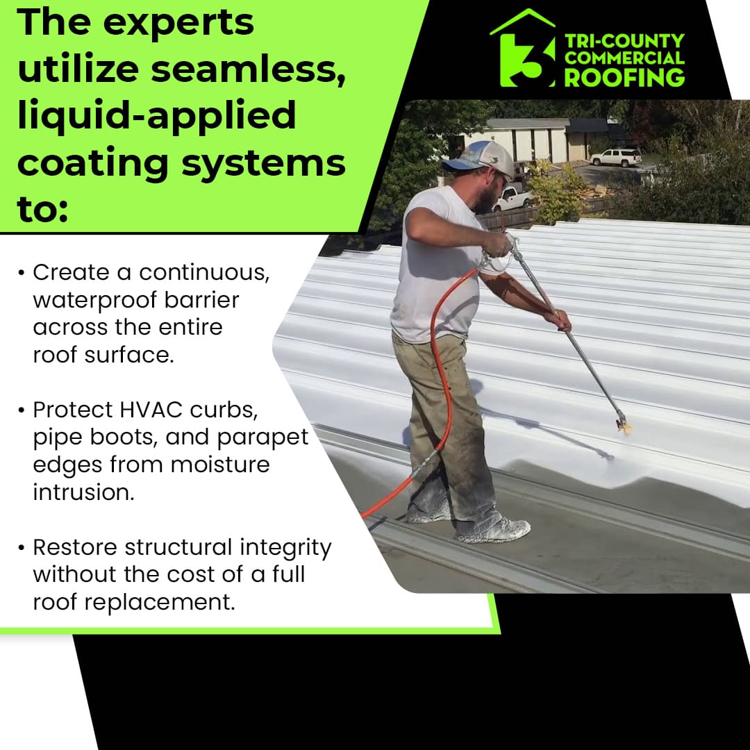 A roofing professional spraying a seamless, liquid-applied waterproof coating system onto a commercial metal roof to restore its structural integrity.