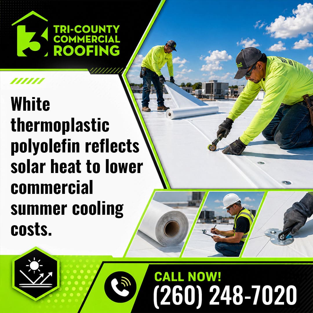 Workers installing white TPO roofing on a commercial roof